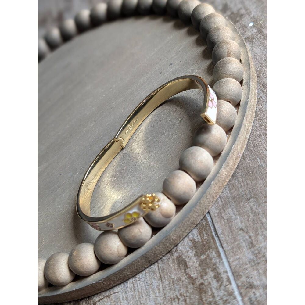 TORY BURCH Kira Flower Enamel Double T Logo Gold Bangle Bracelet - Picture 6 of 7